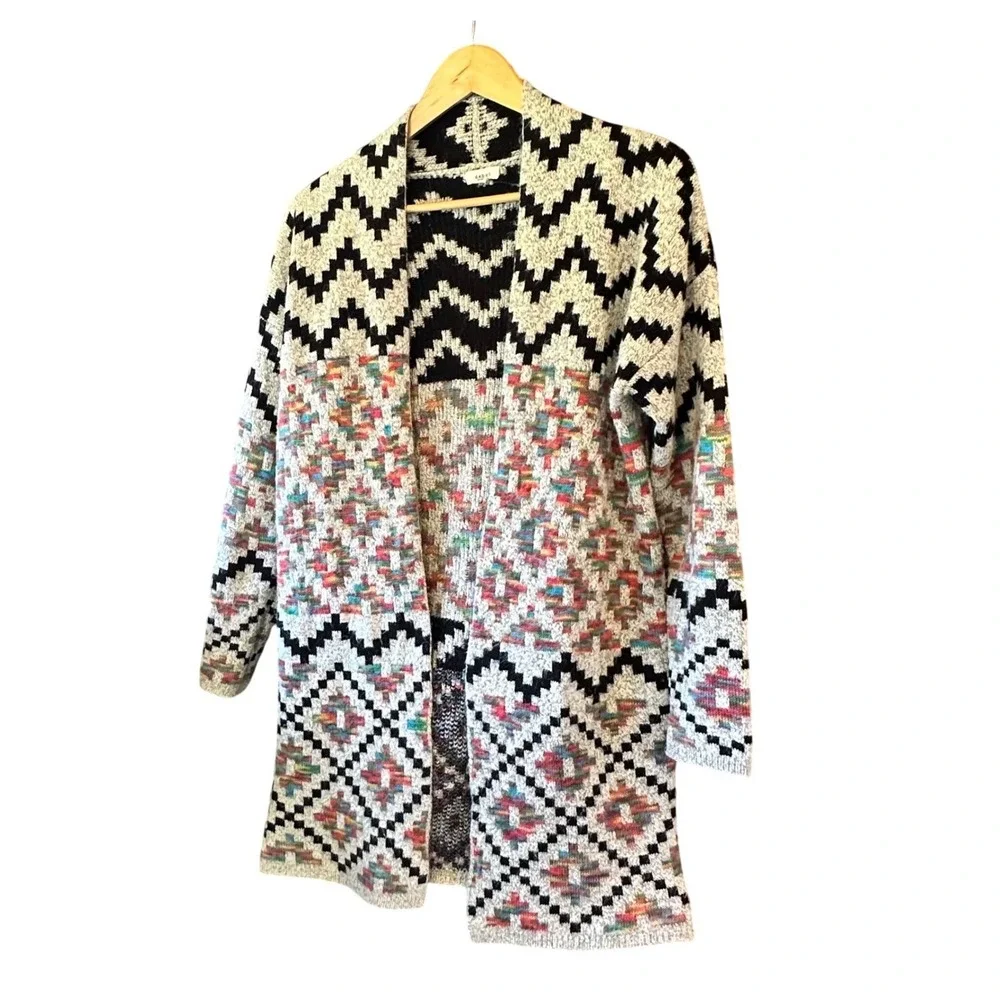 Debut Southwestern‎ Geometric Open Front Knit Cardigan Vibrant Colors Bohemian